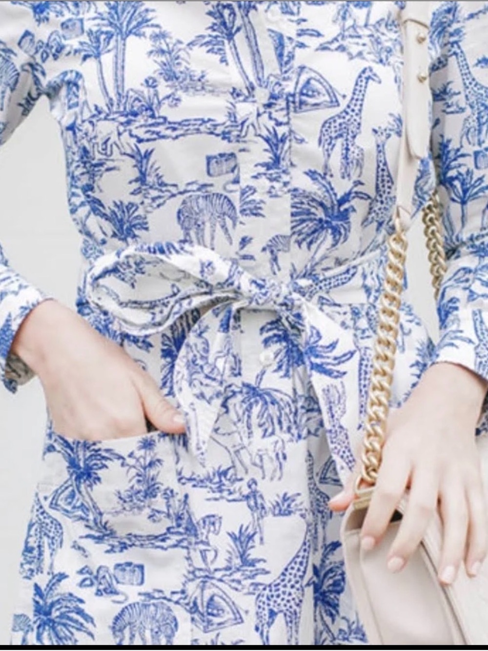Tory Burch Blue White Safari Toile Print Belted Shirt Dress Long Sleeve Size 8